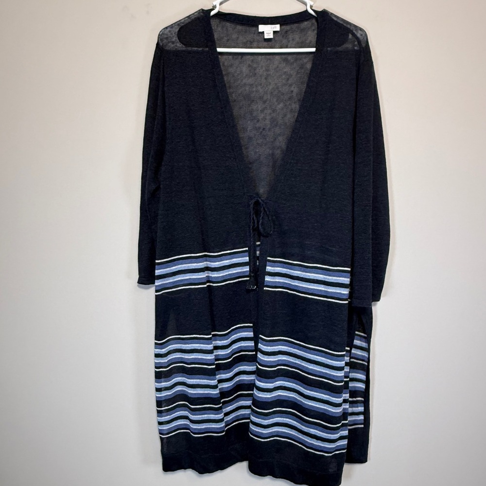 J. Jill Women's  Large Petite Linen Blend Tassel Tie Front Cardigan Duster Blues